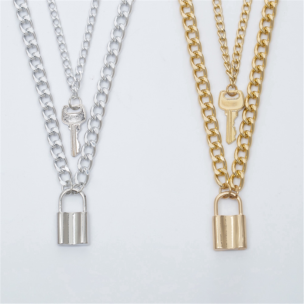 fashion woman retro Charm Double Layer Personality Key Lock Pendant Chain Necklace Accessories