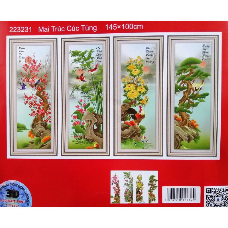 Tranh thêu chữ thập Mai Trúc Cúc Tùng Tứ Quý KT Lớn 223231 (145x100) chưa thêu