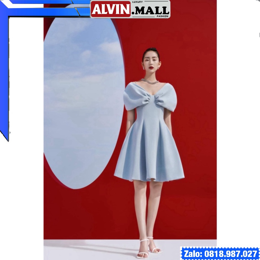 🔥𝓠𝓾ả𝓷𝓰 𝓒𝓱â𝓾 CAO CẤP🔥 Đầm dáng xòe hai dây hở vai ngang phối nơ màu xanh navy đỏ vải thun 4D nhập cao cấp ladyvi