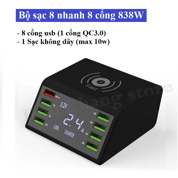 Bộ sạc nhanh 8 cổng hỗ trợ sạc không dây 838W