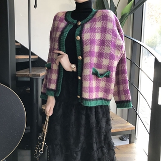 Áo khoác len kẻ sọc tím khuy vàng retro (có hình thật)