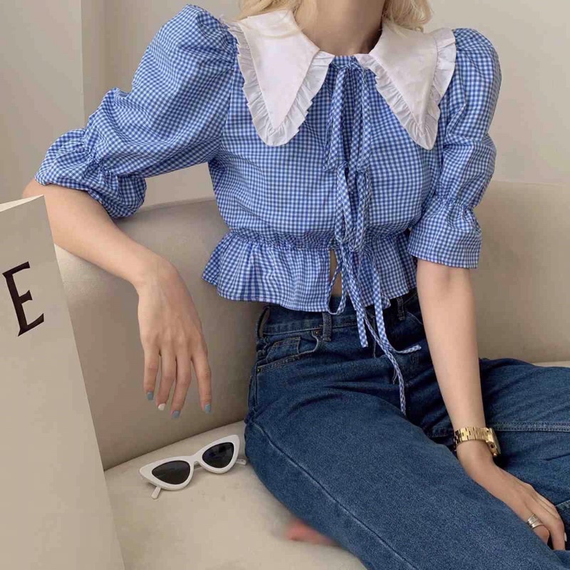 Áo sơ mi croptop tay ngắn cổ bèo kẻ sọc xanh phong cách Hàn Quốc