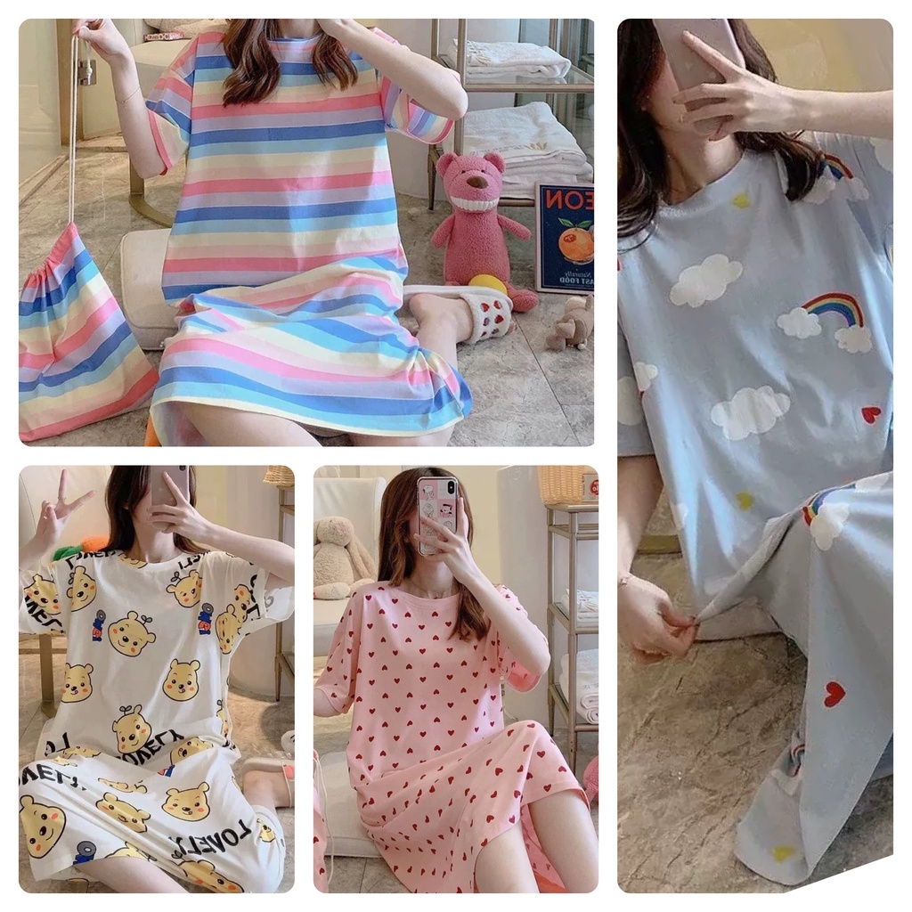 Váy ngủ nữ cộc tay đầm ngủ dáng suông chất cotton mềm mát họa tiết cute dễ thương mặc nhà JALJA Vay01
