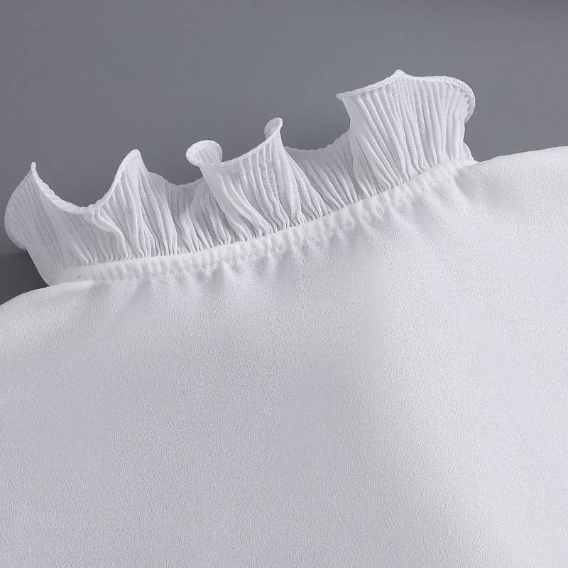 Han Áo Sơ Mi Trắng Nửa Cổ Đứng Nhún Bèo Dickey Có Thể Tháo Rời Cho Nữ