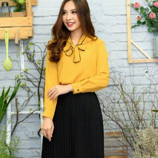 Sơ mi lụa cổ nơ viền