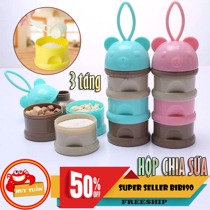 Hộp chia sữa và đồ ăn 3 tầng có quai xách hình gấu