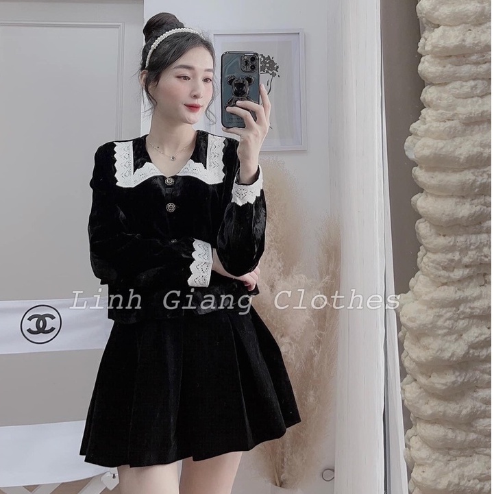 Set chân váy nhung ren cổ bèo tiểu thư đồ bộ nữ thu đông