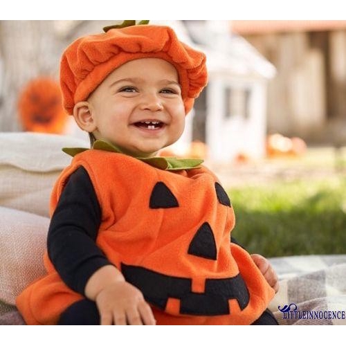 .Nn-baby 2 chiếc trang phục halloween, không tay cổ tròn nút sau bí ngô áo dài rời + mũ beanie co giãn