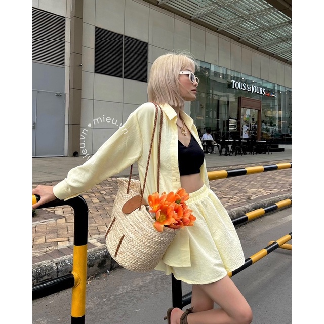 Set áo sơ mi quần short xòe style khoác ngoài trẻ trung freesize MIEU - JA11
