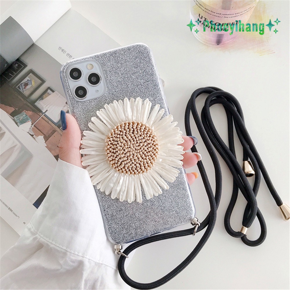 iPhone 12 11 Pro Max SE 2020 for iPhone X XR XS Max 7 8 6 6S Plus Straw hat sunflower lanyard Glitter Phone Case