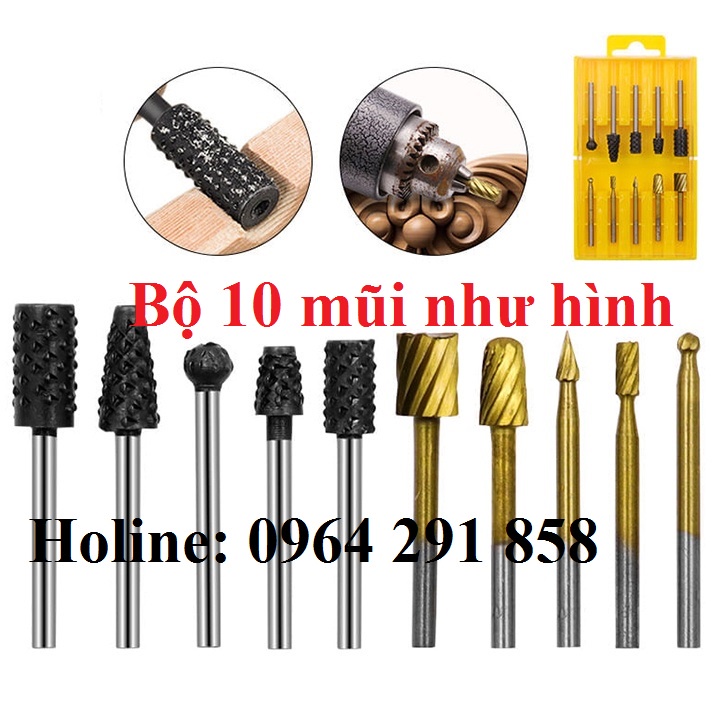 Mũi khắc gỗ Bộ 10 mũi mài gỗ cốt 3mm - Mũi làm lũa bonsai gắn máy khoan máy mài khắc mini