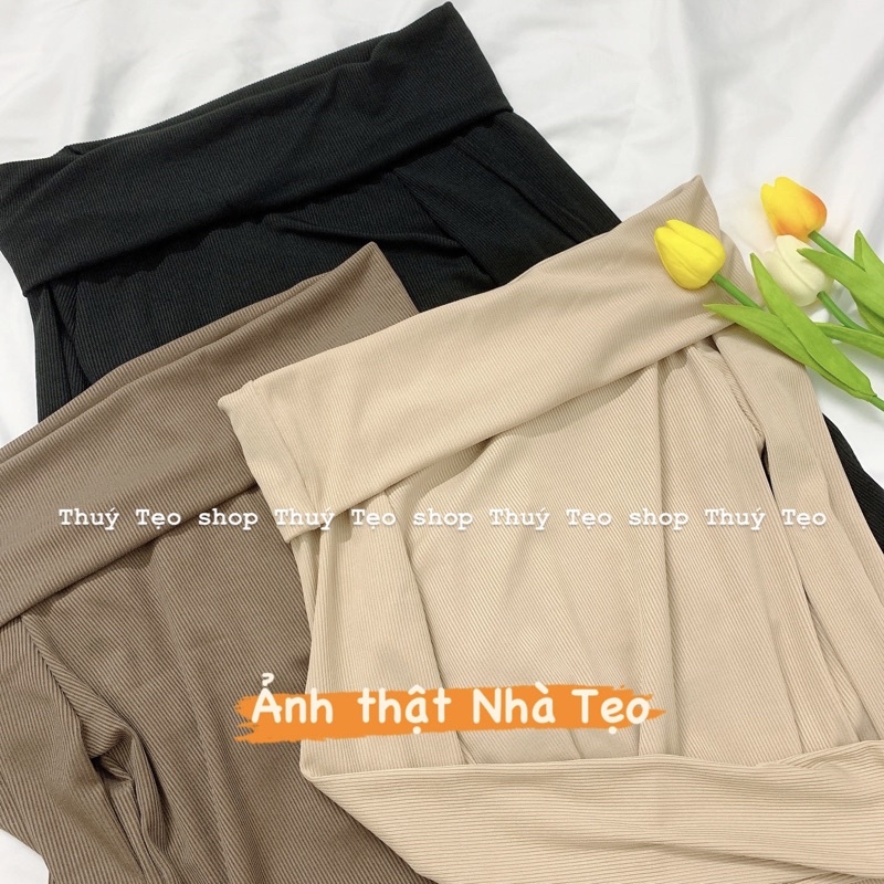 [Hàng sẵn] Set áo thun tăm dài tay TRỄ VAI phối chân váy nhung tăm cúc lệch phong cách thanh lịch