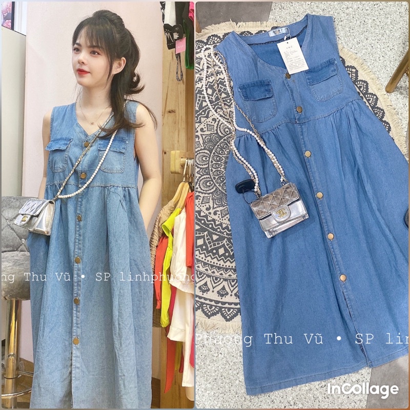 Váy Babydoll Bò Jeans Dáng Dài có túi cạnh bầu bí mặc được [Ảnh thật kèm Clip]