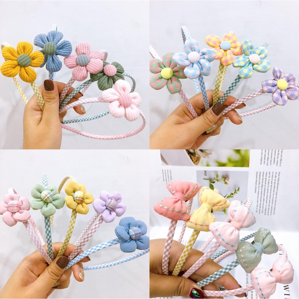 Bờm Tóc Hàn Quốc Màu Caro Đính Hoa Vải Dễ Thương Cho Bé Yêu HOT TREND PKTL0093