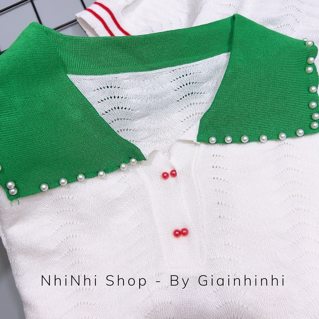Áo len cổ đức đính hạt pha màu xanh, Áo len tay cộc tiểu thư AL8765 - NhiNhi Shop