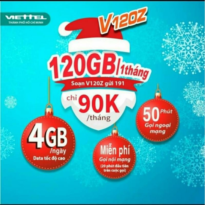 Sim 4G Viettel gói V90 mới 120GB/tháng, free gọi nội mạng, 90k/tháng