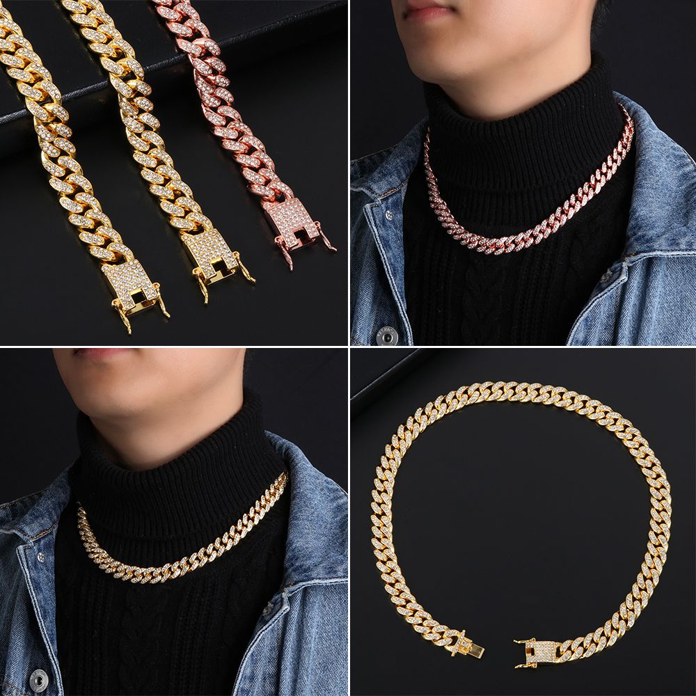 BEBETTFORM 1Pc Fashion Necklace Inlaid Rhinestone Diamond Hiphop Rock Link Chain Luxury Shiny Accessories
