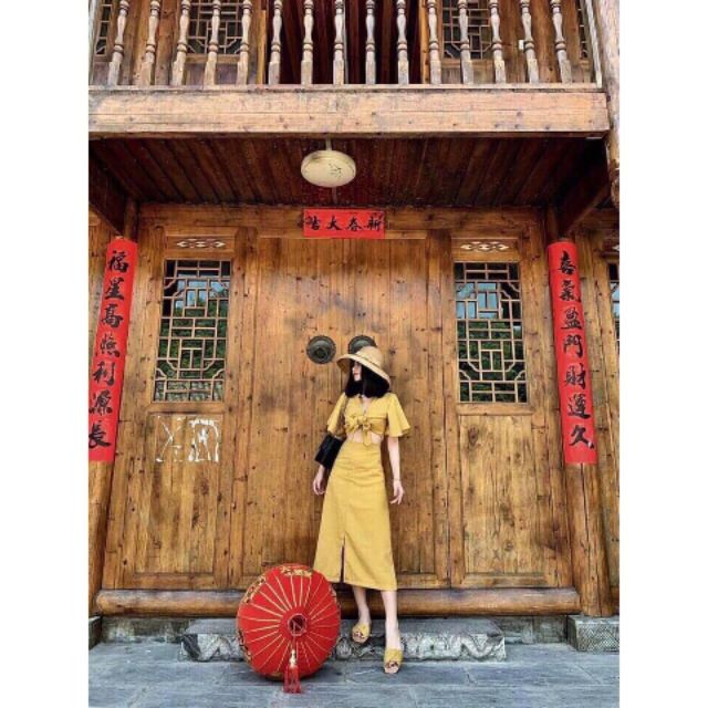 Set maxi đi biển áo croptop caro vàng tiểu thư chân váy xoè công chúa ULLZANG kèm ảnh thật SẴN