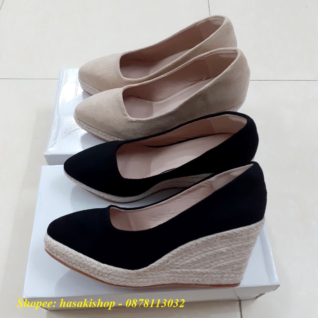 Giày đế xuồng bọc cói 8cm, chất da lộn sang trọng, nhẹ và êm