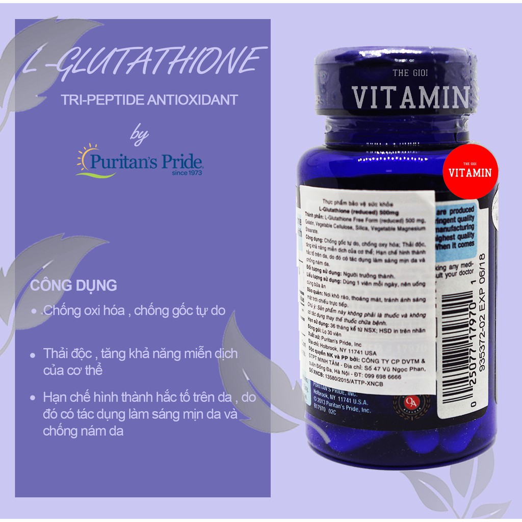 Viên uống trắng da Puritan's Pride L-Glutathione 500mg 30 viên | BigBuy360 - bigbuy360.vn