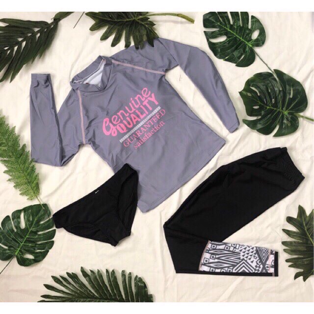 Đồ bơi bikini nữ dài tay quần dài xám chữ hồng chống nắng hàng nhập QC siêu xinh | BigBuy360 - bigbuy360.vn