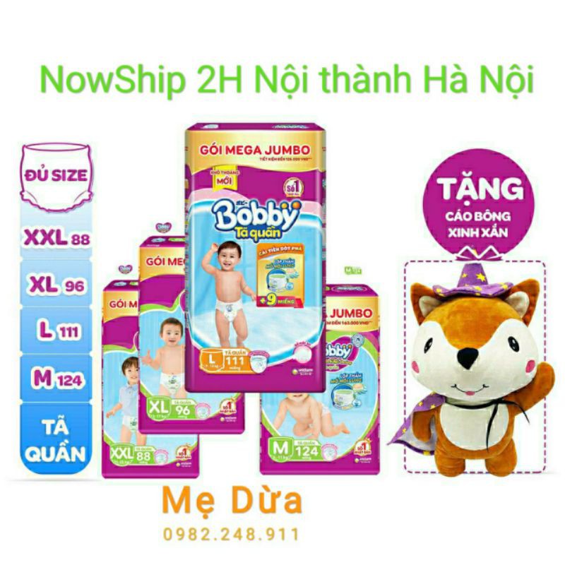 Tã quần Bobby Mega Jumbo M124, L108, XL96, XXL88 Đệm lưng Thấm mồ hôi mới