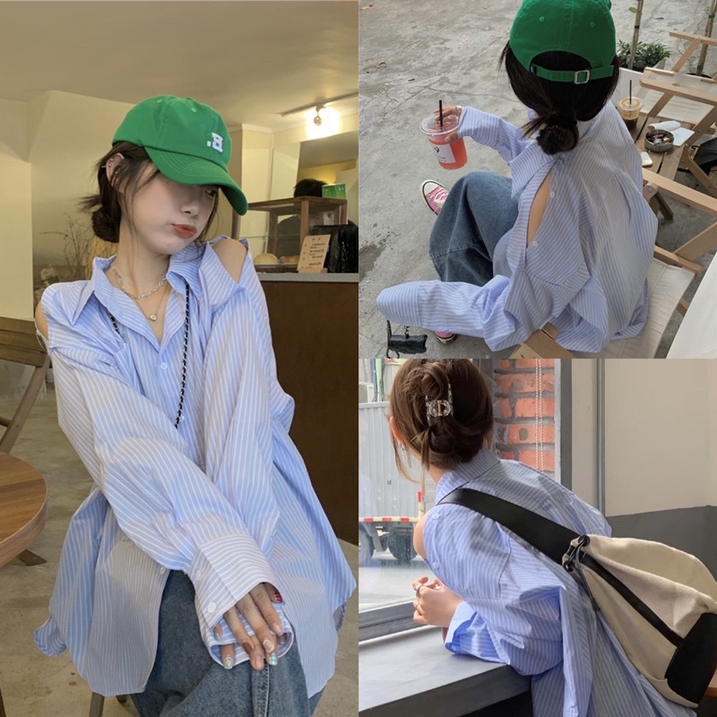Áo sơ mi oversize xanh dương kẻ sọc trắng khoét vai mặc được hai kiểu dáng thụng trẻ trung phong cách hàn quốc xinh xắn