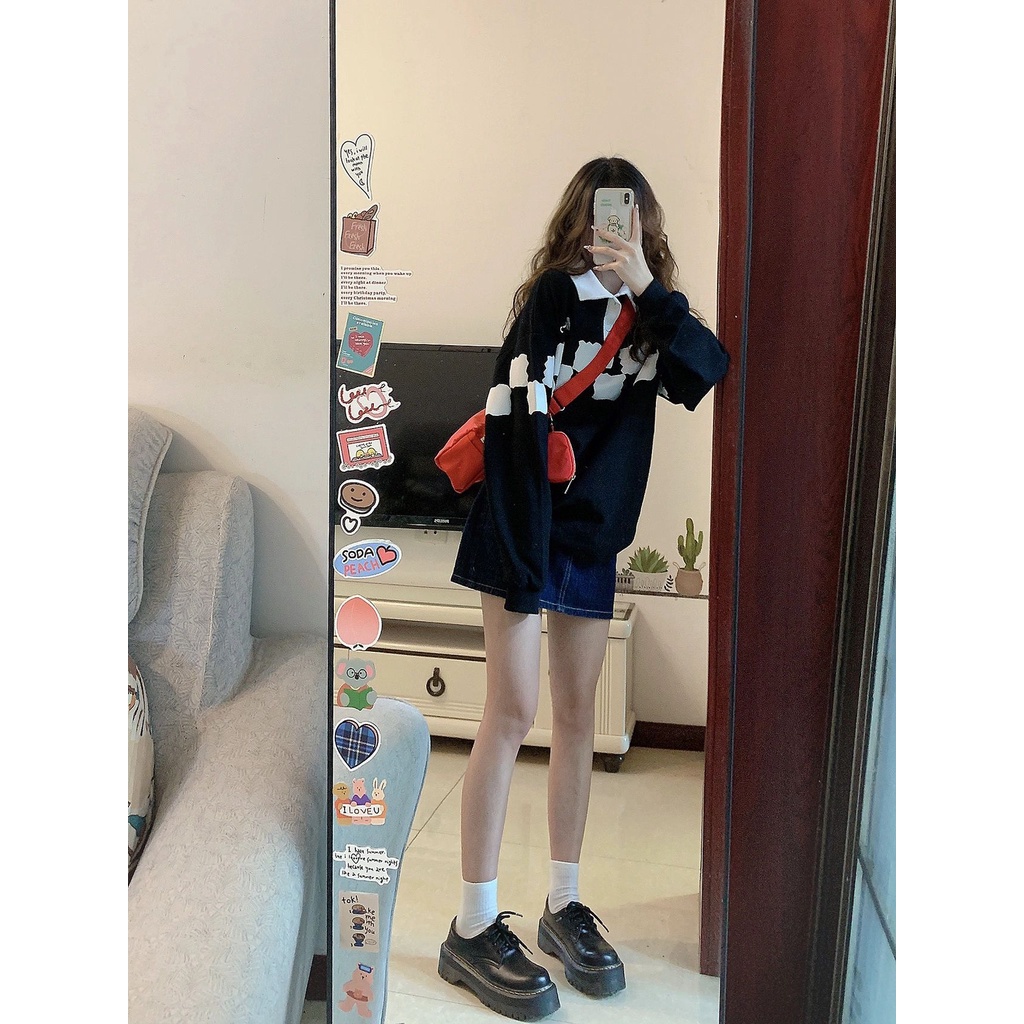 Áo Khoác Polo Dài Tay Dáng Rộng Họa Tiết Ca Rô Đen Trắng Thời Trang Mùa Thu Dành Cho Nữ