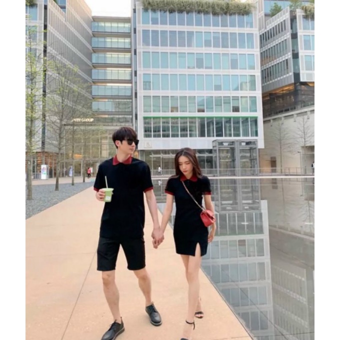 Váy thun đôi nam nữ polo cổ bẻ trang trí