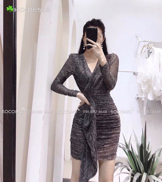 [RẺ VÔ ĐỊCH] Đầm ôm nhũ kim tuyến ( Size S-M-L-XL ) tay dài cổ V đắp chéo eo phối bèo HÀNG THIẾT KẾ Cao Cấp