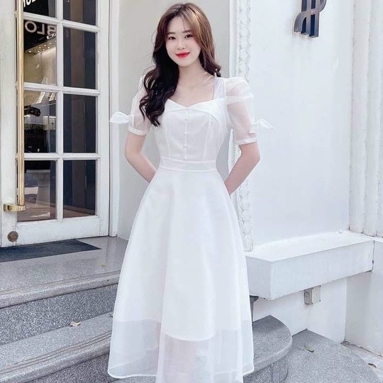 Váy đầm nữ dự tiệc dáng xòe đính ngọc tay ngắn có nơ xinh xắn chất liệu voan ( có mút ) màu trắng xịn xò