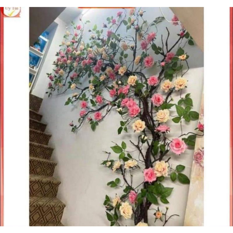 Hoa Giả Treo tường Dây Hồng Leo giả dài 1,7m dây hồng cổ với bông hồng xoăn trang trí decor