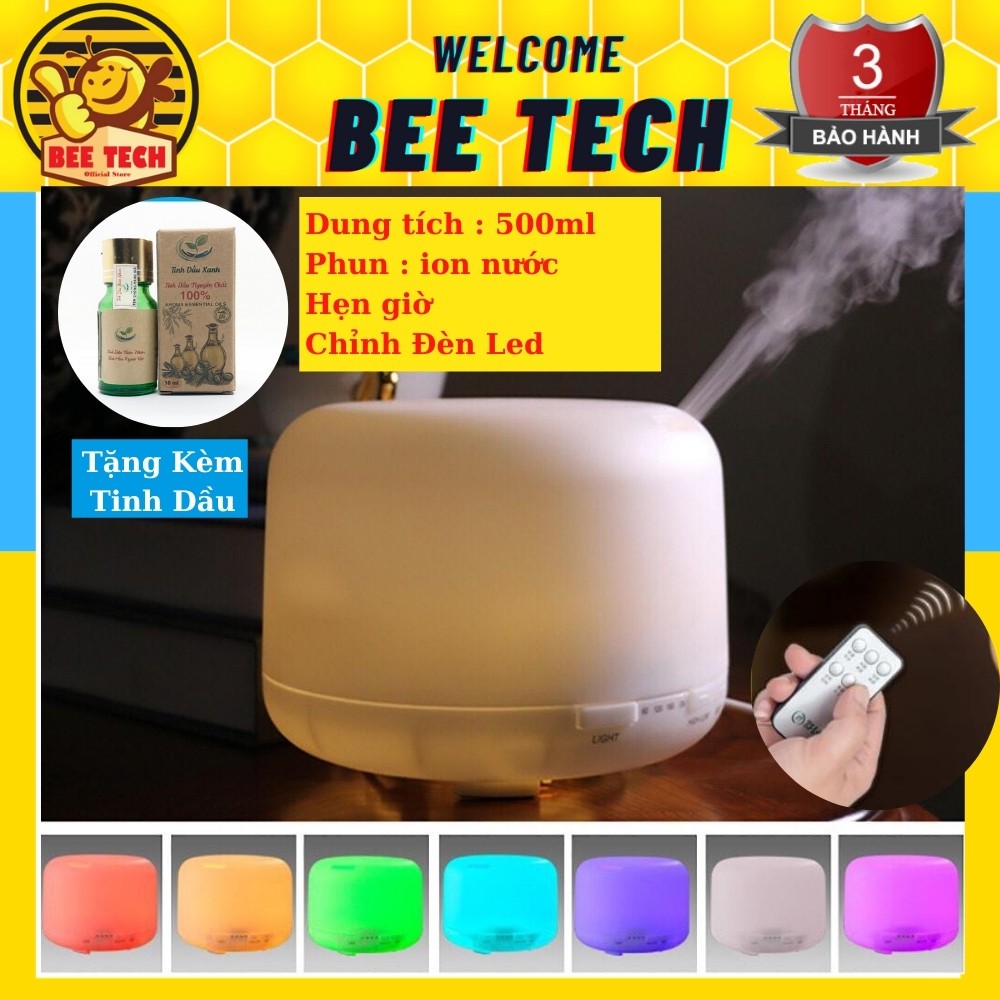 Máy phun hơi nước, máy khuếch tán tinh dầu Aroma ion 500ml có điều khiển ,tặng kèm tinh dầu - Beetech