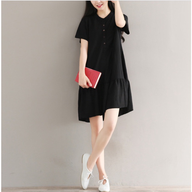 Đầm linen suông đuôi cá cổ tàu chất liệu đũi  ít nhăn