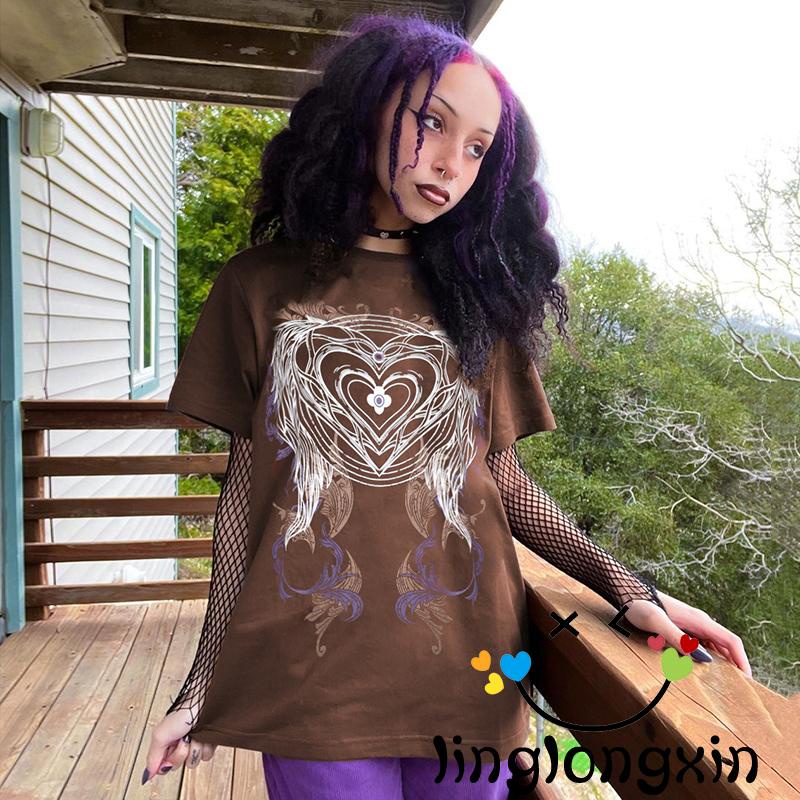 WUVintage Brown Graphic Print Oversized T-Shirt E-girl Gothic Punk Hip Hop Pullovers Tees Y2K Retro Harajuku