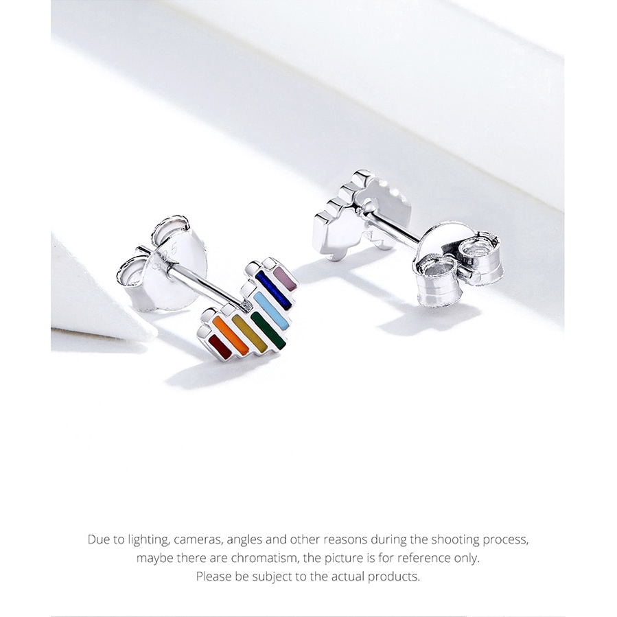 Hoa tai đinh tán BAMOER SCE787 bằng bạc men hình trái tim màu cầu vồng tối giản cho nữ