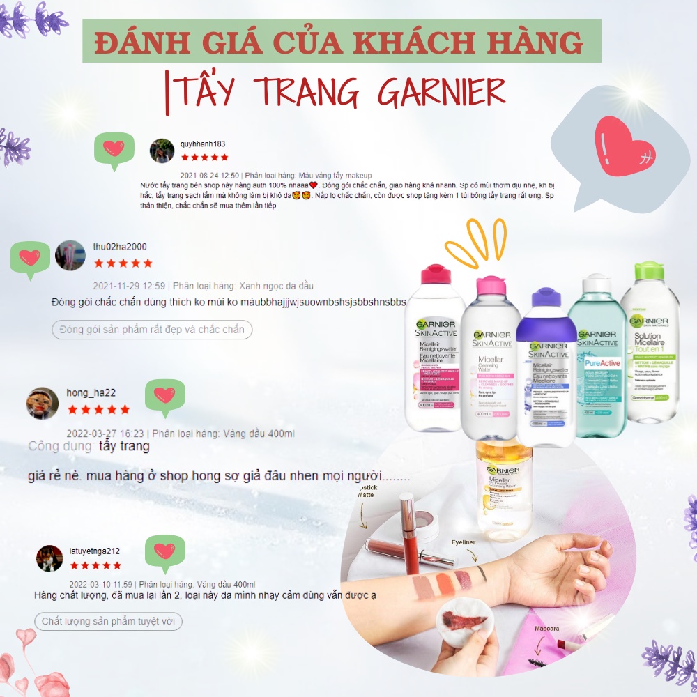 Tẩy trang Garnier Cleansing Water 400ml đủ màu vàng , hồng , xanh lá , xanh dương, đỏ giúp làm sach da dịu nhẹ