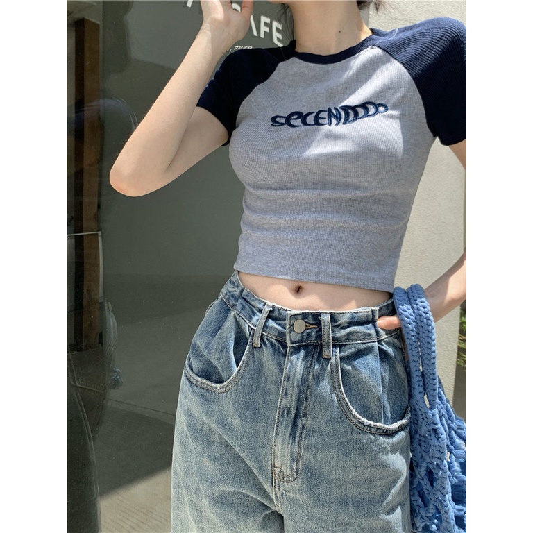 Áo Thun Ôm Cổ Tròn Tay Ngắn Thêu Màu Sắc Tương Phản Thời Trang Xu Hướng