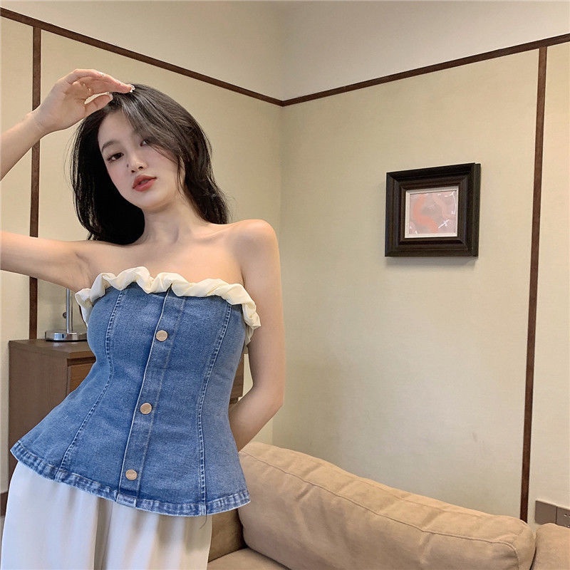 Áo ống denim phong cách mùa hè thời trang cá tính cho nữ 2021
