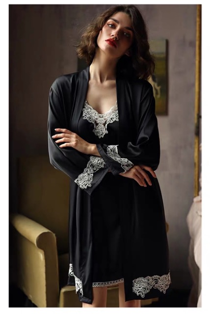 Váy ngủ quảng châu SX562-1 lụa satin phối ren kèm choàng cao cấp _Kubull | BigBuy360 - bigbuy360.vn