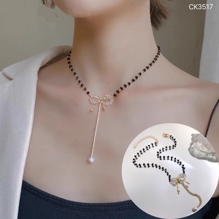Vòng cổ hạt cườm đen nơ trắng