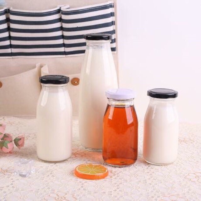 Chai Thủy Tinh Đựng Yến, Sữa, Sữa Hạt Nắp Thiếc 200ml Nắp Đen