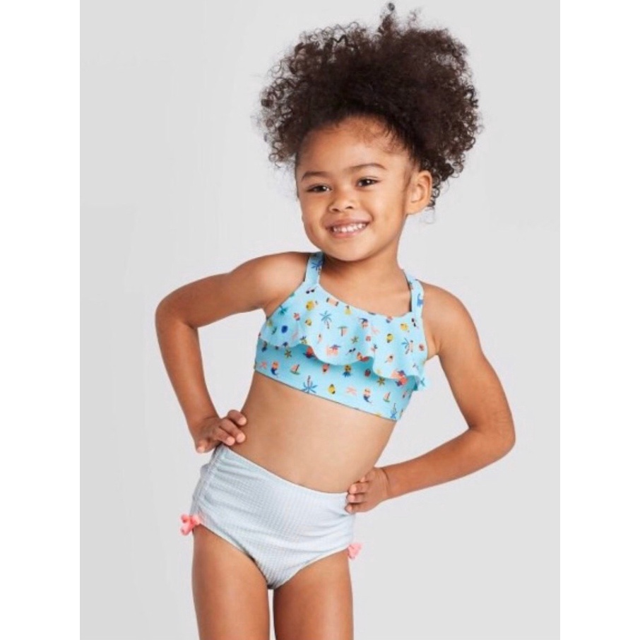Set đồ bơi bikini hoa xanh mùa hè cho bé gái