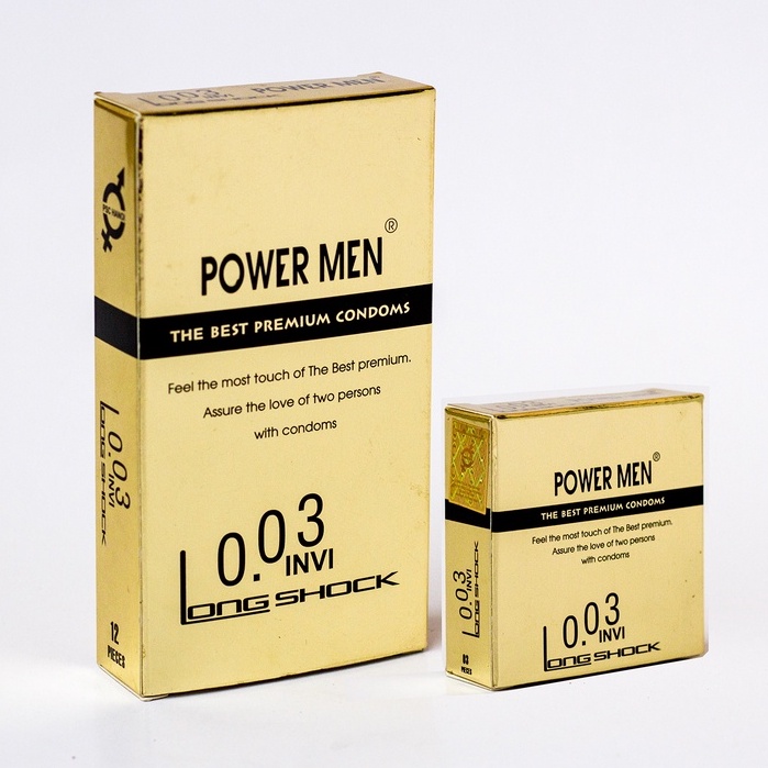 Bao cao su siêu siêu mỏng POWER MEN 0.03 INVI, kéo dài thời gian quan hệ, chống xuất tinh sớm Hộp 3bcs (SSU3)