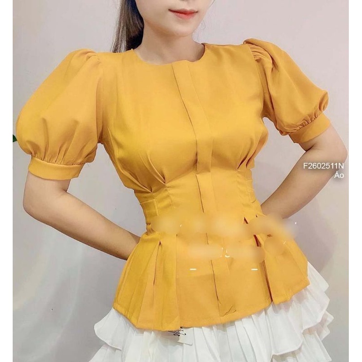 Áo kiểu chít eo cổ tròn tay ngắn phồng 2602