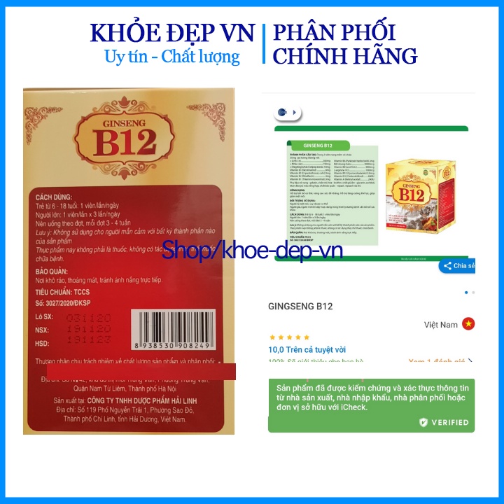 VIÊN UỐNG 12B WITH GINSENG PHỤC HỒI SỨC KHỎE - NÂNG CAO TRÍ LỰC - BỒI BỔ CƠ THỂ