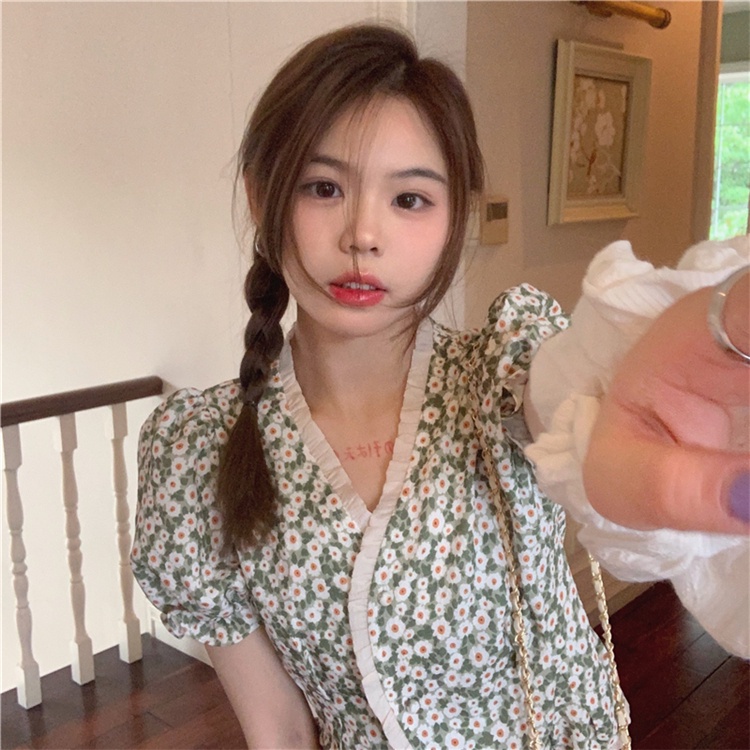 Áo kiểu tay ngắn phồng phong cách vintage xinh xắn thời trang dành cho nữ