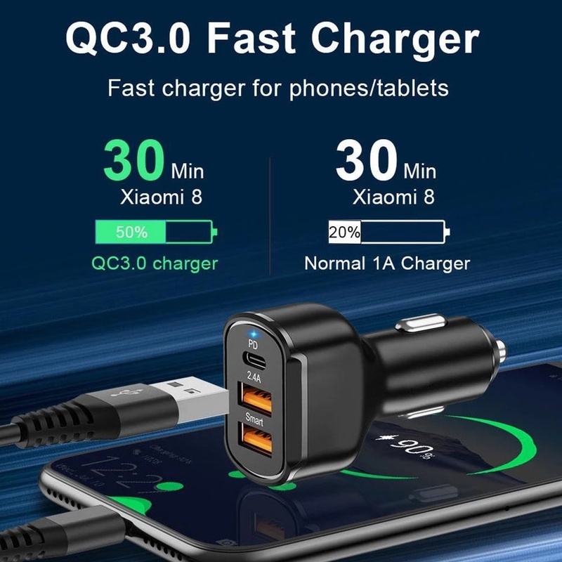 Tẩu Sạc Điện Thoại Ba Cổng USB 30W PD 2.4A Cho Xe Hơi