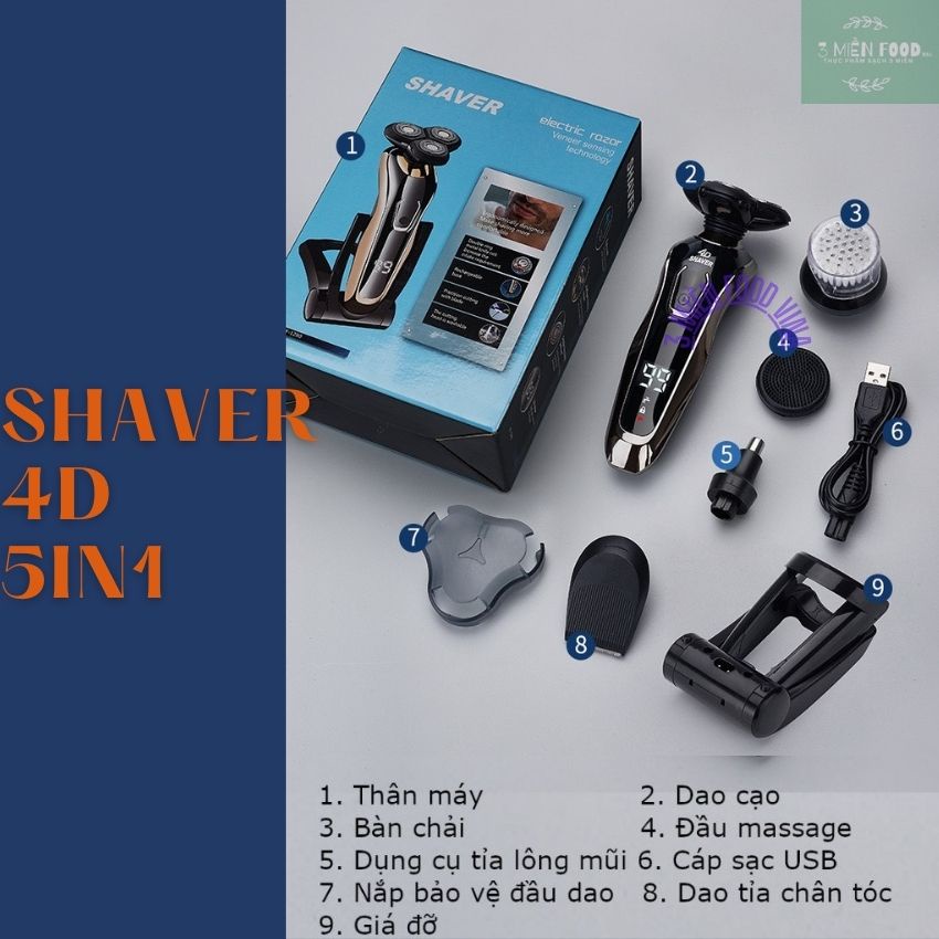 [HCM]Máy cạo râu đa năng Shaver 4D 5in1, Máy cạo râu thông minh, Pin lâu, sạc nhanh cổng USB-3 miền food vina