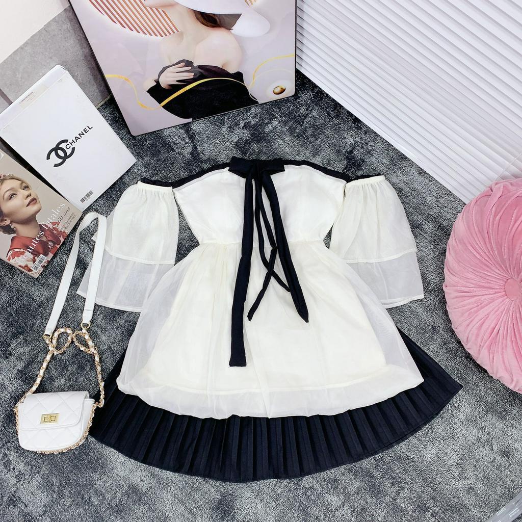 Set Áo Trễ Vai Bèo Tiểu Thư Cột Nơ Kèm Chân Váy Hàng